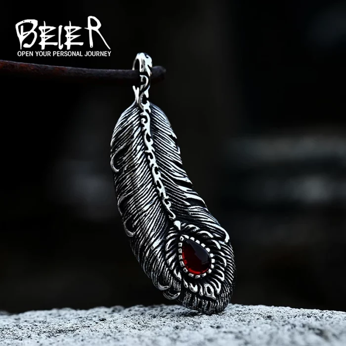 BEIER Hot Sell Popular Fire Feather Red Zircon Pendant Necklace Stainless Steel Fashion Jewelry For Men Women Cool Gift BP8-916 - Image 2
