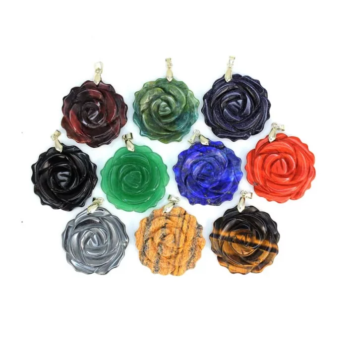 35mm Natural Crystal Carved Rose Flower Stone Pendant Amethyst Quartz Agate Lapis Lazuli Jewelry Charm Chain Necklace For Women - Image 1