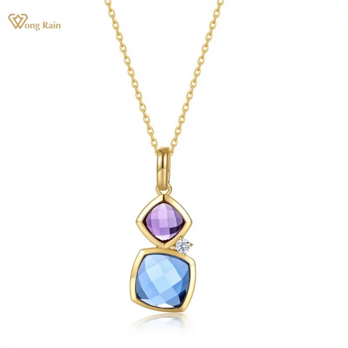 Wong Rain Vintage 10K Gold Plated 925 Sterling Silver Lab Sapphire Amethyst Garnet Citrine Gems Pendant Necklace Fine Jewelry - Image 2