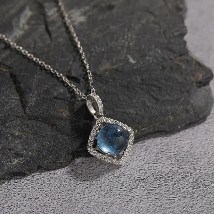 Dawn's Jewel S925 Sterling Silver Natural Aquamarine Colored Gems Necklace Women's Fashion Personality All-match Square Pendant - Image 2