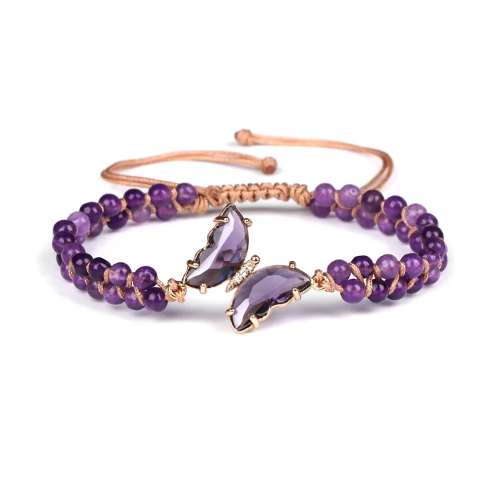 Purple Crystal Butterfly Charm Bracelet Handmade Braided Bracelet 4mm Natural Stone Amethysts Beads Wrap Bangles For Women Men - Image 2