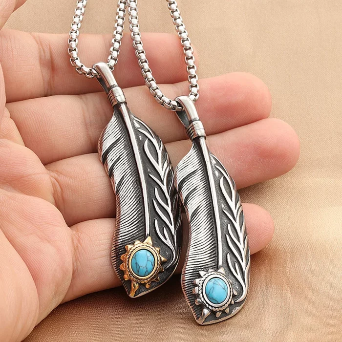 Vintage Stainless Steel Feather Necklace For Men Women Punk Biker Feather Green Stone Pendant Necklaces Fashion Jewelry Gifts - Image 3