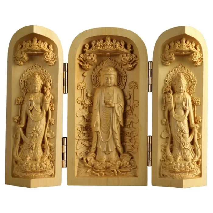 1Pc Exquisite Boxwood Carving Guanyin Buddha Statue Western Sansheng Wood Carving Crafts Home Decoration - Image 3