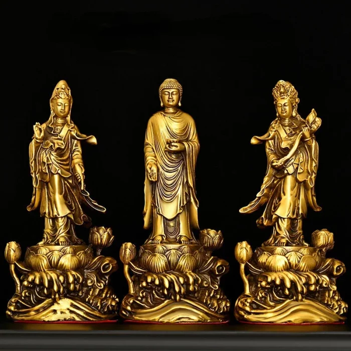 Copper Amitabha Bodhisattva Guanyin Western Three Saints Home Offerings Pray for Blessings Buddha Statue - Image 2