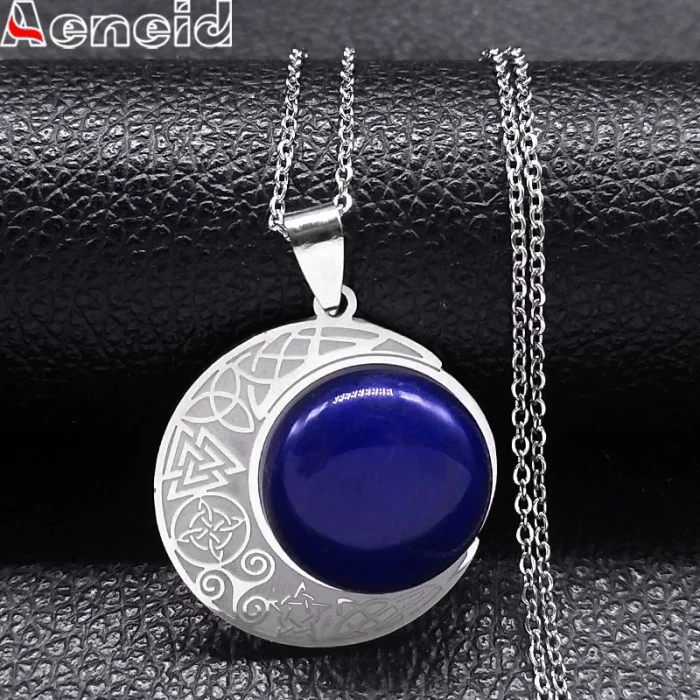 Lapis Lazuli Natural Stone Viking Witch Celtic Knot Triquetra Pentagram Necklace Stainless Steel Amulet Necklaces Jewelry N8459S - Image 2