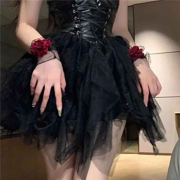 New Fashion Gothic Ruffle Lace Red Rose Wristbands Lolita Charm Bracelets Flower Mesh Hand Ornaments Lace Wristbands Accessories - Image 3