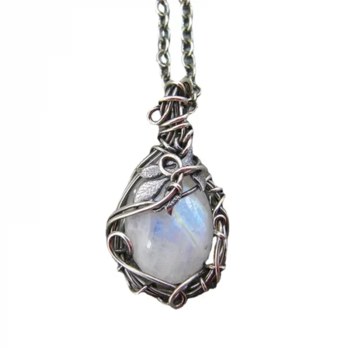 Moonstone Pendant Necklace Crystal Gems Alloy Rattan Vintage Noble Women Necklaces for Lady Girls Waterdrop Stone Necklace Gift - Image 5