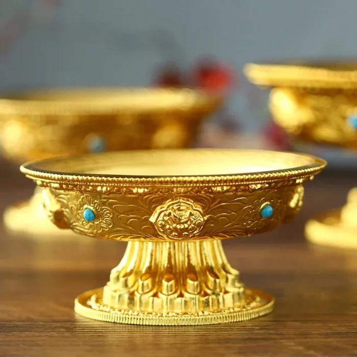 Zinc Alloy Tribute Buddhist Fruit Plate Gold Auspicious Luster Tibetan Plate Engraving Buddha Fruit Saucer Home Gift Decorative - Image 4