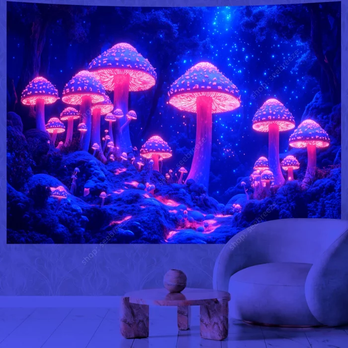 Mushroom Forest UV Reactive Tapestry Wall Hanging for Psychedelic Art Mystic Kawaii Room Decor Mandala Yoga Mat Picnic Carpet - Image 7
