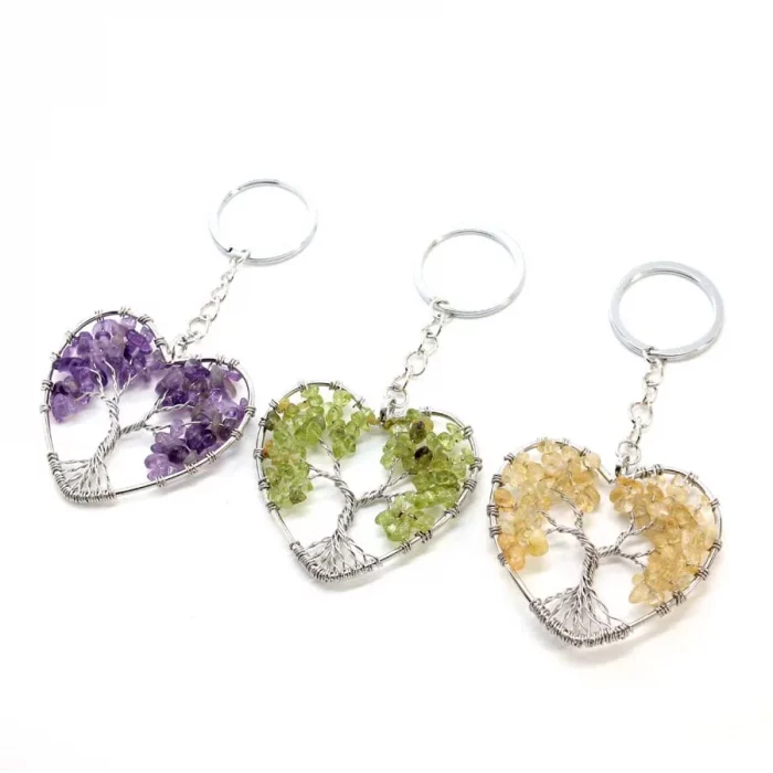 Crystal Chip Stone Heart Keychain For Women Wire Wrapped Tree of Life Natural Amethyst Rose Quartz Key Ring Key Holder Decor - Image 6