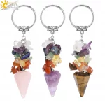 CSJA Meditation 7 Chakra Crystal Keychain Natural Stone Cone Pendant Stainless Steel Ring Holder Card Accessories Jewelry H342 - Image 2