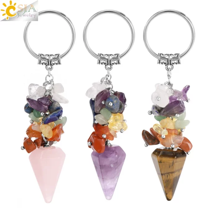 CSJA Meditation 7 Chakra Crystal Keychain Natural Stone Cone Pendant Stainless Steel Ring Holder Card Accessories Jewelry H342 - Image 2