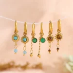 WILD & FREE NEW IN 18K Gold Plated Stainless Steel Huggie Hoop Earrings for Women Chic Vintage Natural Stone Charms Jewelry - Image 4