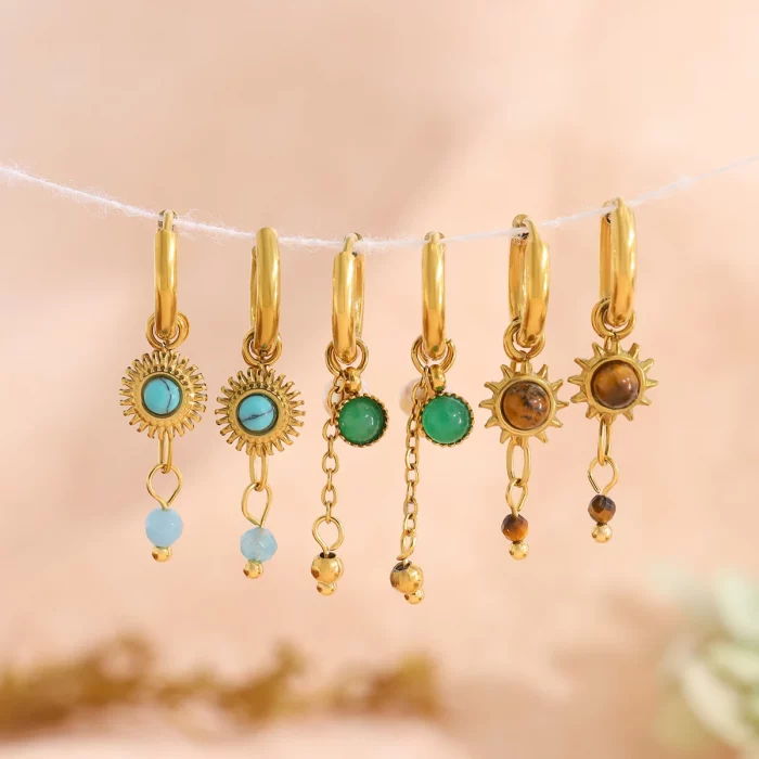 WILD & FREE NEW IN 18K Gold Plated Stainless Steel Huggie Hoop Earrings for Women Chic Vintage Natural Stone Charms Jewelry - Image 4