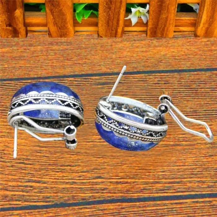 Oval Natural Lapis Lazuli Tiger Eye Pink Quartz Jades Blue Sequins Earrings Antique Sliver Plated Fashion Jewelry For Women - Image 5