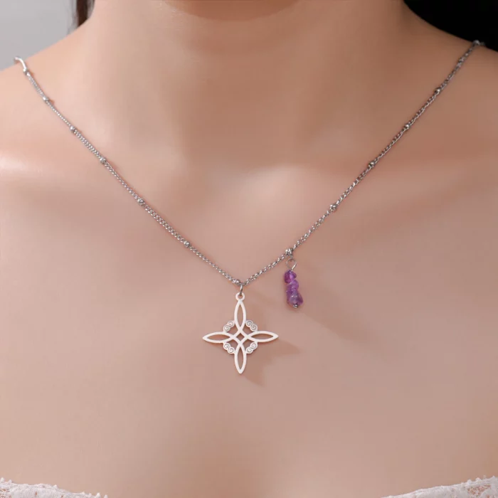 Skyrim Purple Crystal Witch Knot Pendant Necklace Women Stainless Steel Beads Chain Vintage Amulet Witchcraft Jewelry Gift - Image 4