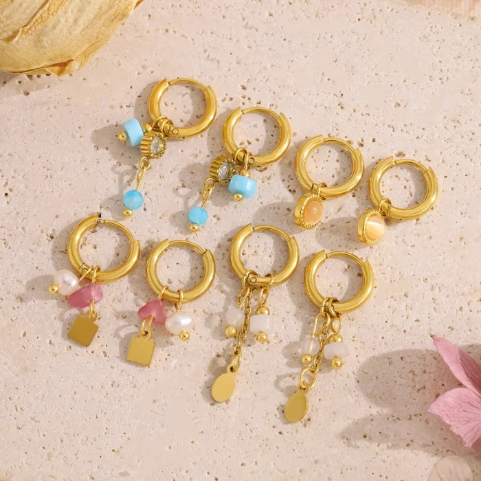 WILD & FREE NEW IN 18K Gold Plated Stainless Steel Huggie Hoop Earrings for Women Chic Vintage Natural Stone Charms Jewelry - Image 5