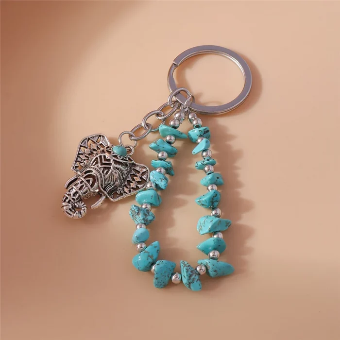 Ethnic Turquoise Stone Elephant Keychain for Women Men Key Ring Pendant Handbag Decor DIY Handmade Jewelry Gift - Image 4