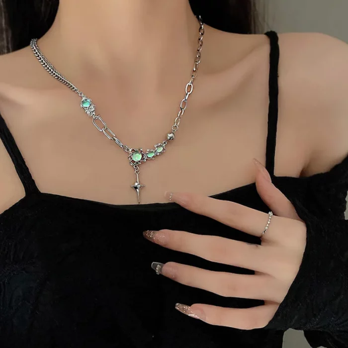 JWER Trendy Bling Moonstone Star Cross Pendant Necklace for Women Punk Hip Hop Star Chain CrystalNecklace Party Y2K Jewelry Gift - Image 7