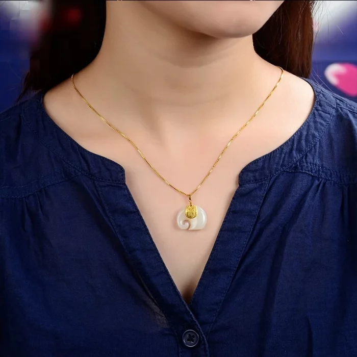Vintage White Hetian Jade Elephant Pendant 18K Gold Plated Chain Necklace Stainless Steel Sapphire Choker Jewelry for Women - Image 5