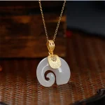 Vintage White Hetian Jade Elephant Pendant 18K Gold Plated Chain Necklace Stainless Steel Sapphire Choker Jewelry for Women - Image 4