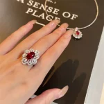 Fashion Drop Pendant Pear-shaped Zirconia Ring 925 Stamp High Quality Jewellery Imitation Natural Pigeon Blood Ruby Oval Ring - Image 3