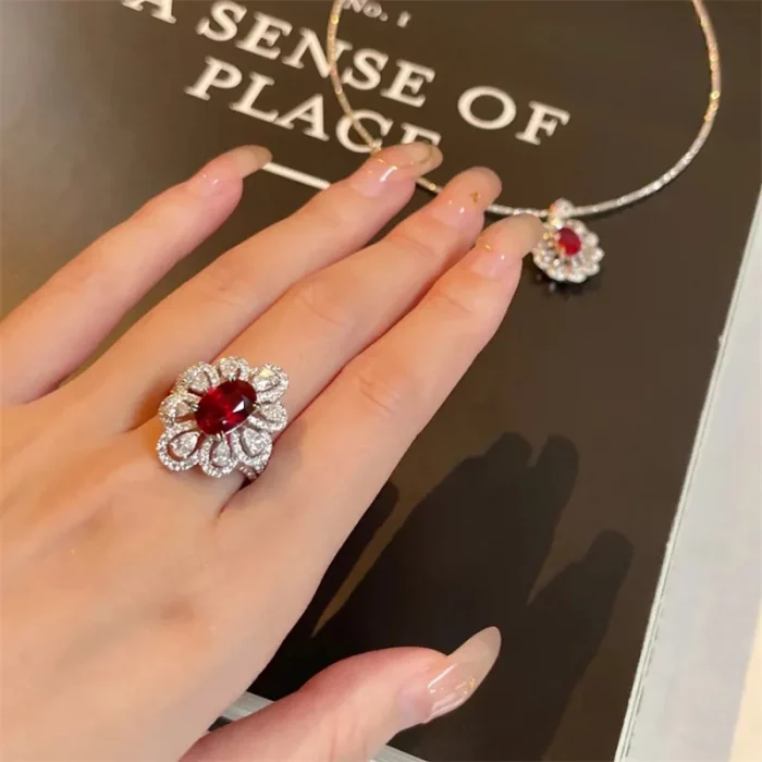 Fashion Drop Pendant Pear-shaped Zirconia Ring 925 Stamp High Quality Jewellery Imitation Natural Pigeon Blood Ruby Oval Ring - Image 11