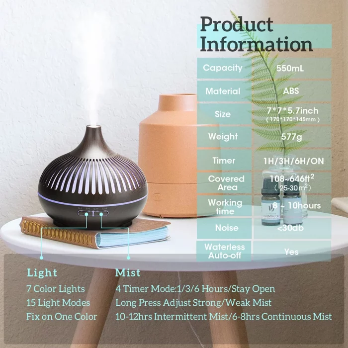500ML Aromatherapy Essential Oil Diffuser Wood Grain Remote Control Ultrasonic Air Humidifier Cool with 7 Color LED Lights - Image 6