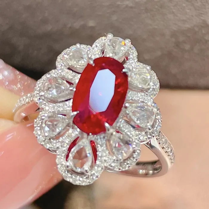 Fashion Drop Pendant Pear-shaped Zirconia Ring 925 Stamp High Quality Jewellery Imitation Natural Pigeon Blood Ruby Oval Ring - Image 2
