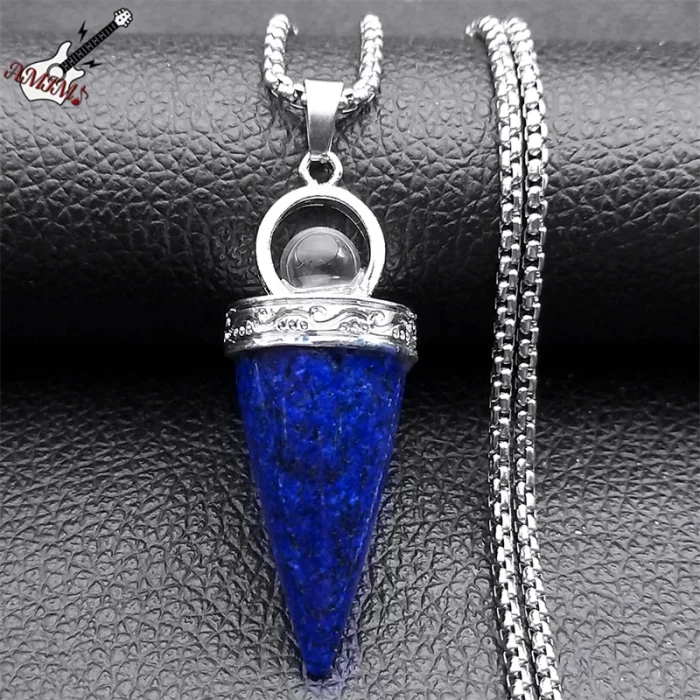 Witch Ball Conical Blue Lapis Lazuli Stone Pendant Necklace Women Men Stainless Steel Wicca Pagan Chain Jewelry colier NZZZ372-1 - Image 2