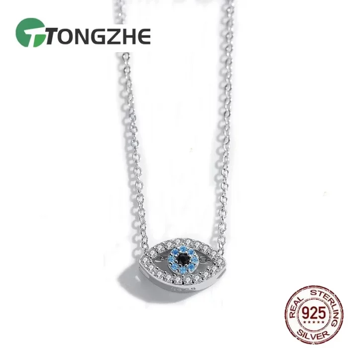 TONGZHE 925 Sterling Silver Necklace Pendant Lucky Evil Eye Blue CZ Long Link Chain Turkey Jewelry Sapphire Aquamarine Necklace - Image 2