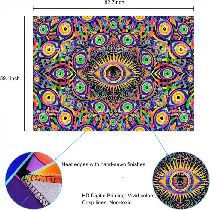 Blacklight Eyes Tapestry Boho Mandala Black Light Tapestries Hippie UV Reactive Wall Tapestry Trippy Abstract Tapestry For Room - Image 7