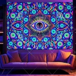 Blacklight Eyes Tapestry Boho Mandala Black Light Tapestries Hippie UV Reactive Wall Tapestry Trippy Abstract Tapestry For Room - Image 4