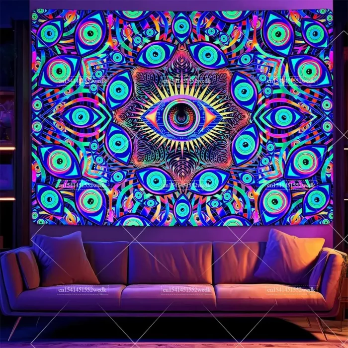 Blacklight Eyes Tapestry Boho Mandala Black Light Tapestries Hippie UV Reactive Wall Tapestry Trippy Abstract Tapestry For Room - Image 4