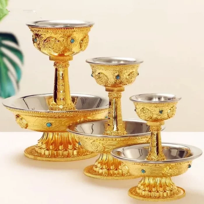 Buddhism Guardian Manza Inlaid Gem Tibetan Alloy ,2 Layer Tantric Altars Holy Water Cup Plate Ornament,Buddhist Item Religious - Image 2