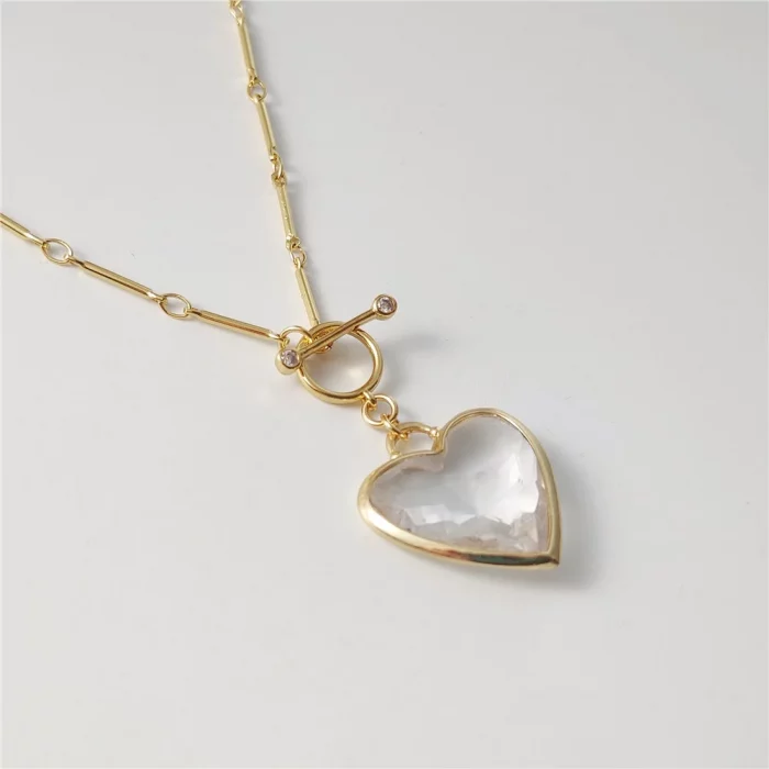 FUWO 1Pc Handcrafted Natural Clear Quartz Necklace,Golden OT Buckle Chain Heart-Shaped Semi-Precious Stone Women's Gift NC475-1 - Image 3