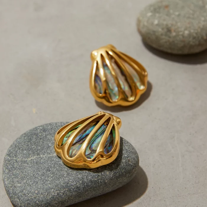 Uworld Holiday Ocean Shell Colored Abalone Shell Earrings 18K Gold Color Plated Stainless Steel Hollow Shell Earrings Women's Ac - Image 4