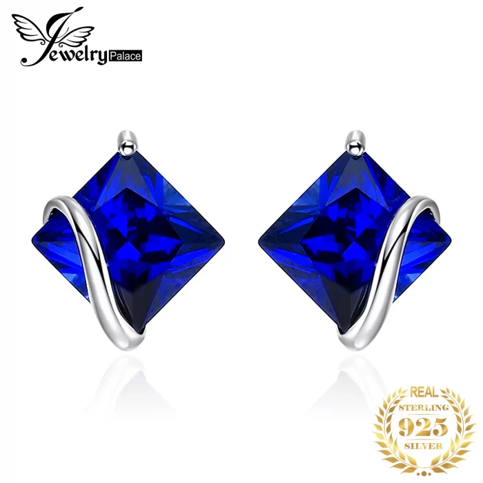 JewelryPalace Square 2.8ct Created Blue Sapphire 925 Sterling Silver Stud Earrings for Women Gemstone Fine Jewelry Birthday Gift - Image 2