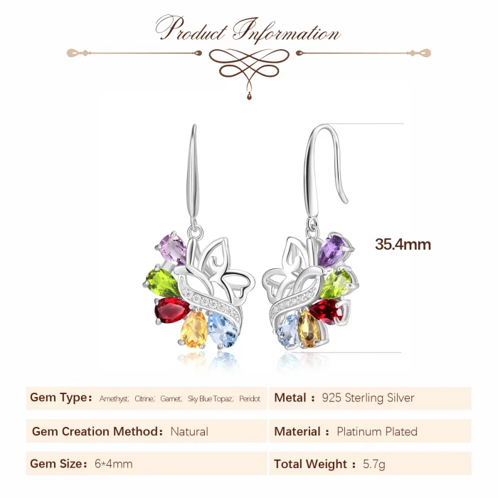 Potiy Natural Pear Citrine Peridot Amethyst Garnet Sky Blue Topaz Dangle Drop Earrings 925 Sterling Silver For Women Daily Party - Image 3
