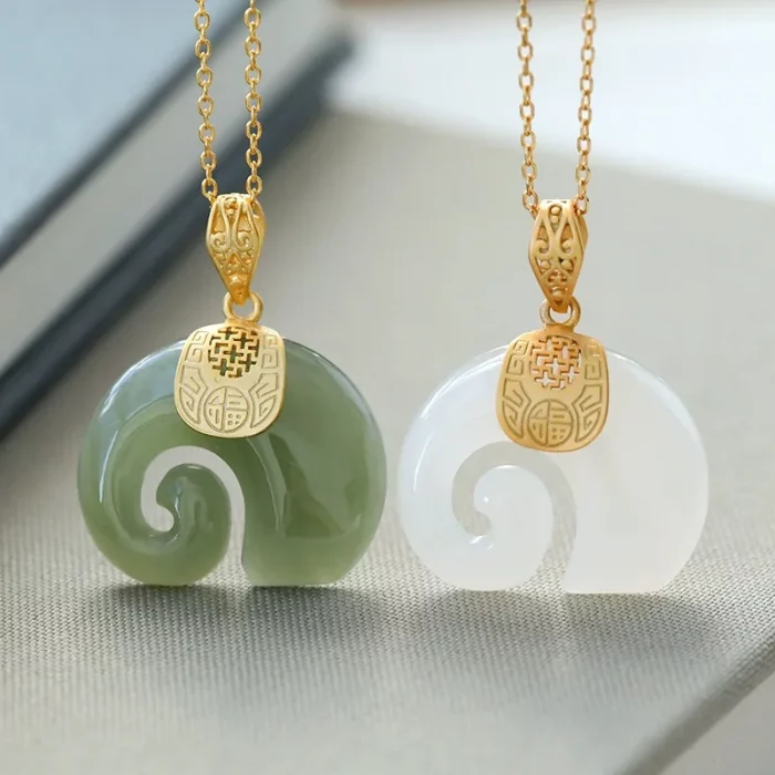 Vintage White Hetian Jade Elephant Pendant 18K Gold Plated Chain Necklace Stainless Steel Sapphire Choker Jewelry for Women - Image 2