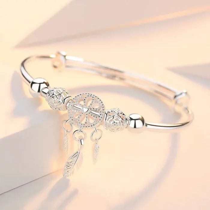 Adjustable size 925 Sterling Silver Bangle cuff Dreamcatcher Tassel Feather Round Bead Charm Bracelet jewelry For Women wedding - Image 4