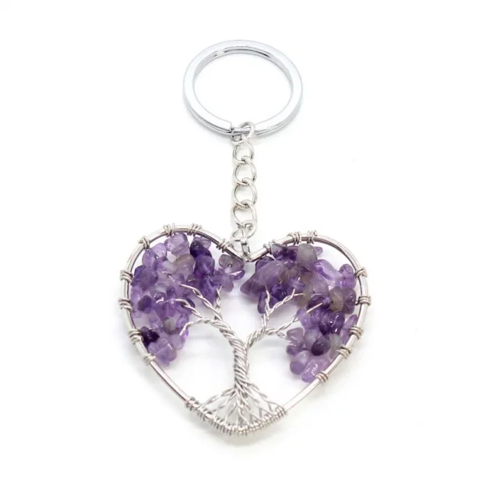 Crystal Chip Stone Heart Keychain For Women Wire Wrapped Tree of Life Natural Amethyst Rose Quartz Key Ring Key Holder Decor - Image 5