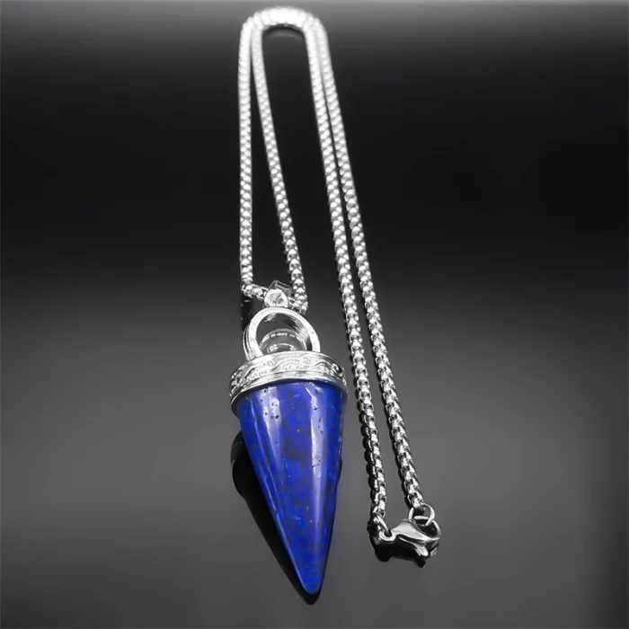 Witch Ball Conical Blue Lapis Lazuli Stone Pendant Necklace Women Men Stainless Steel Wicca Pagan Chain Jewelry colier NZZZ372-1 - Image 5