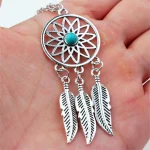 Gothic Dream Catcher Pendant Necklace For Women Retro Green Crystal Ancient Silver Color Plated Feather Leaf Jewelry Accessories - Image 5