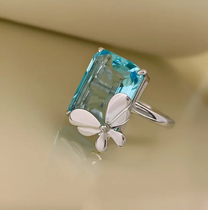925 Stamp New Butterfly Ring Female Rectangular Aquamarine Sapphire Yellow Zircon Fashion Ring Party Birthday Jewelry Gift - Image 5