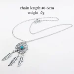 Gothic Dream Catcher Pendant Necklace For Women Retro Green Crystal Ancient Silver Color Plated Feather Leaf Jewelry Accessories - Image 7