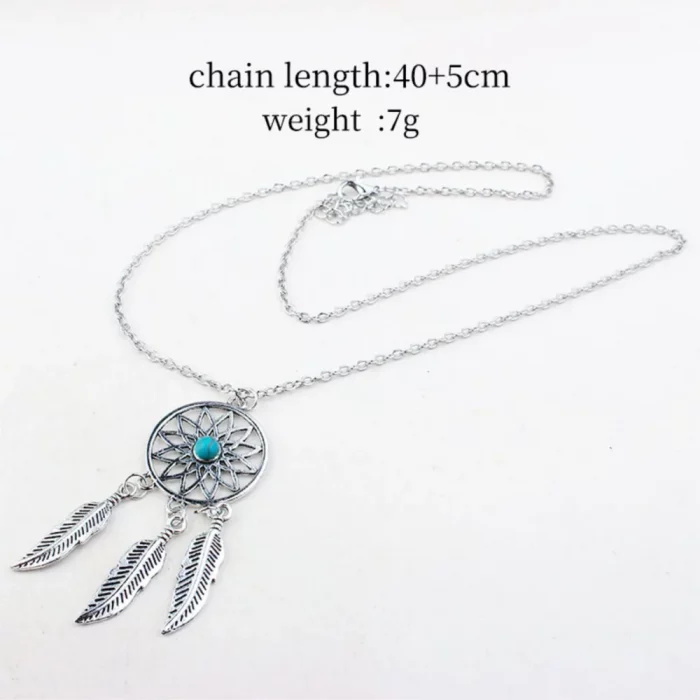 Gothic Dream Catcher Pendant Necklace For Women Retro Green Crystal Ancient Silver Color Plated Feather Leaf Jewelry Accessories - Image 7