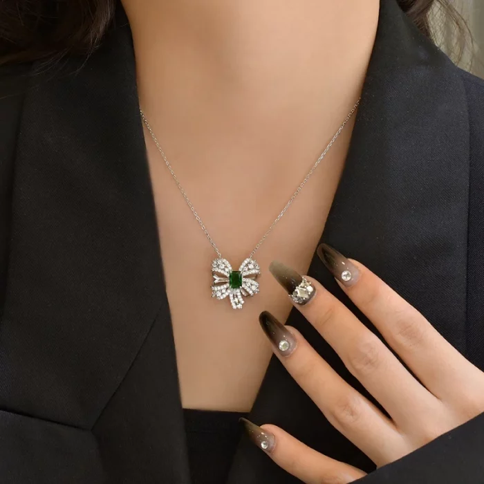 Halaile S925 Sterling Silver Lab-grown Emerald with Certificate Bowknot Pendant Necklace Fine Jewelry Neck Chain Gift for Women - Image 7