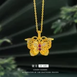 Luxury 24K 9999 Pure Gold real gold Silk Hollow Ruby Butterfly Pendant Butterfly Necklace Women's Clavicle Chain - Image 2