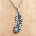 Vintage Stainless Steel Feather Necklace For Men Women Punk Biker Feather Green Stone Pendant Necklaces Fashion Jewelry Gifts - Image 5